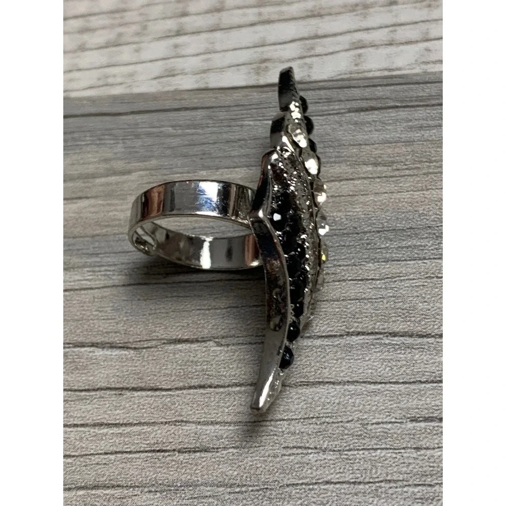 Silver Tone Black and Clear Rhinestone Shield Cocktail Ring Size 5.25